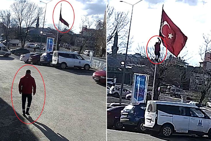 Rüzgarda dolanan bayrağı düzeltmek için 15 metrelik direğe tırmandı